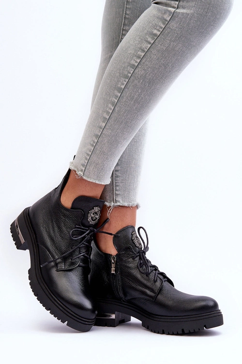 Zazoo 60309 Damskie Skórzane Botki Na Płaskim Obcasie Czarne