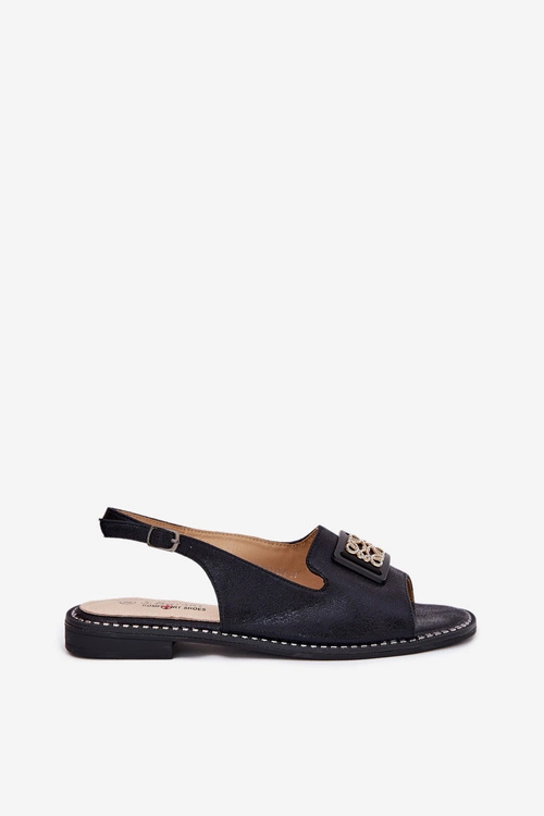 Eleganckie Sandały Damskie Na Płaskim Obcasie Z Ozdobą S.Barski KV51-082 Czarne