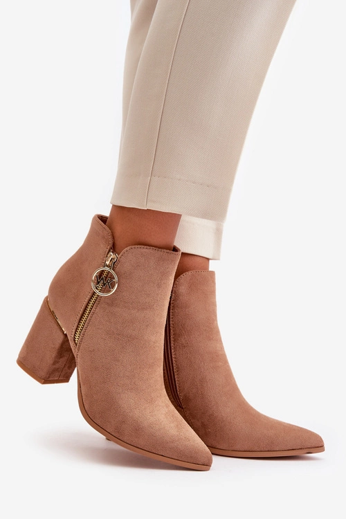 Botki Damskie Na Słupku Z Noskami W Szpic Eko Zamszowe Ocieplane Brązowe Raisha