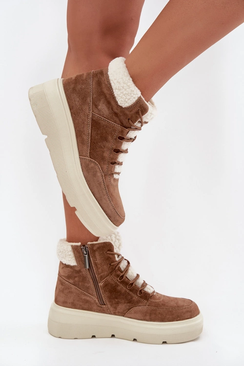 Zamszowe Śniegowce Damskie Z Kożuszkiem Na Platformie Vinceza 95354 Camel