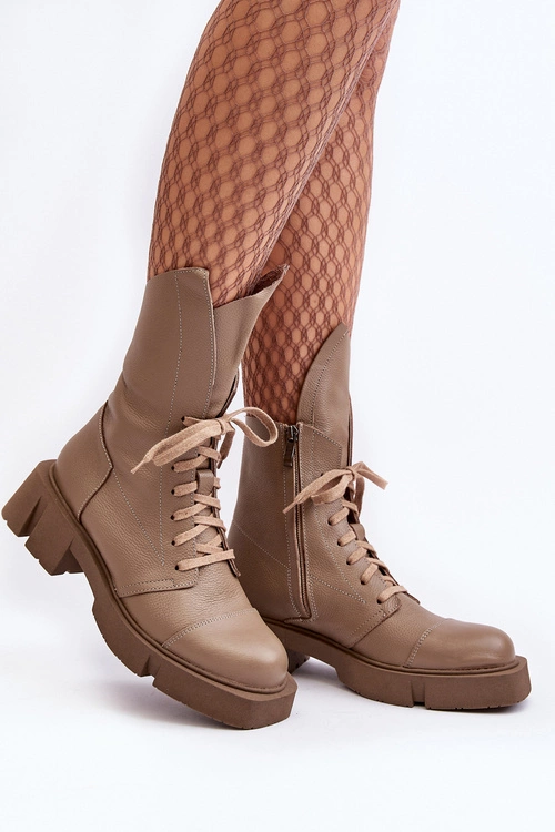 Damskie Skórzane Botki Workery Na Masywnym Płaskim Obcasie Zazoo 976A Ciemnobeżowe