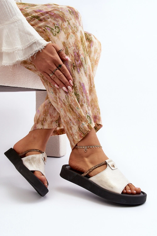 Zazoo 2896 Klapki Damskie Skórzane Biało-Złote