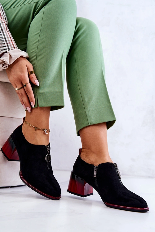 Zamszowe Modne Półbuty Na Słupku Czarno-Czerwone Lorena