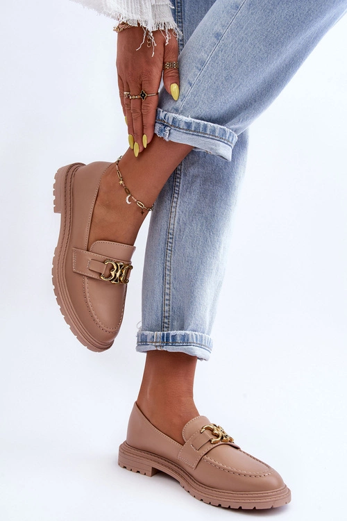 Skórzane Damskie Mokasyny Na Płaskim Obcasie Beżowe Sincias