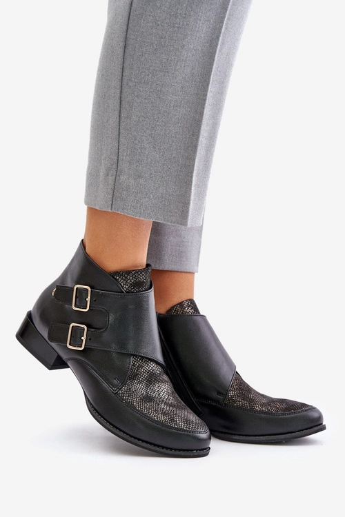 Skórzane Botki Na Niskim Obcasie Z Klamrami Maciejka 06696-01 Czarne