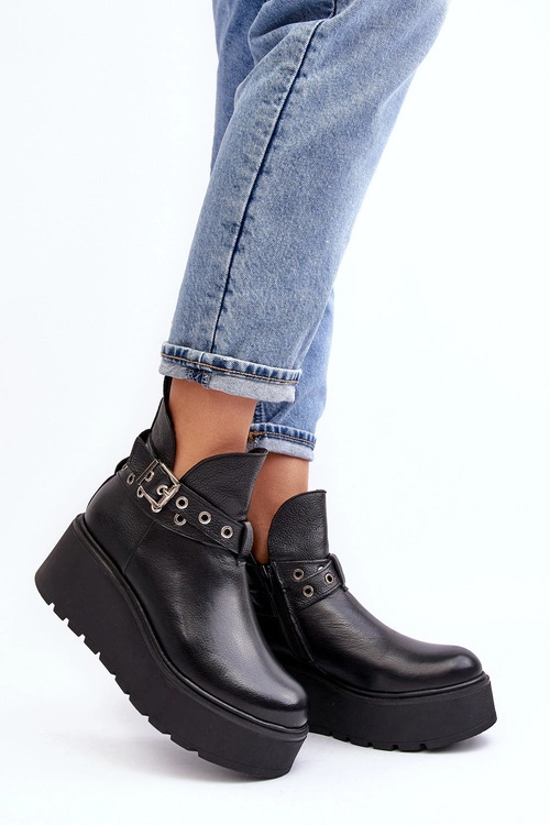 Skórzane Botki Damskie Na Koturnie Platformie Z Paskami Zazoo 1752 Czarne
