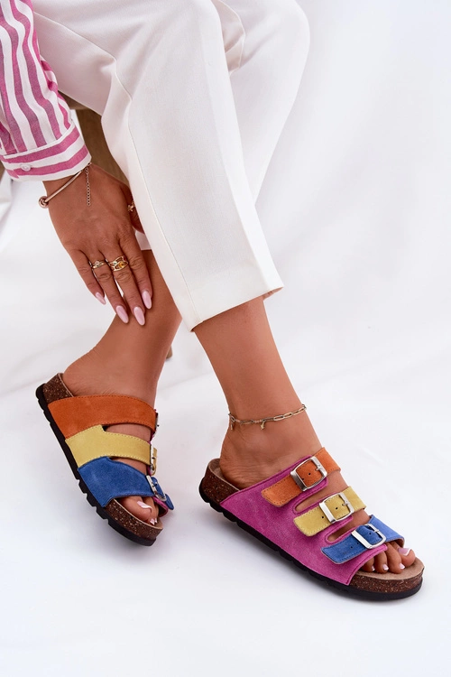 Zamszowe Klapki Damskie Z Klamrami Panto Fino RR267033 Fuksja