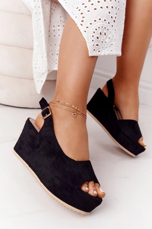 Zamszowe Sandały Na Koturnie Czarne Party Time