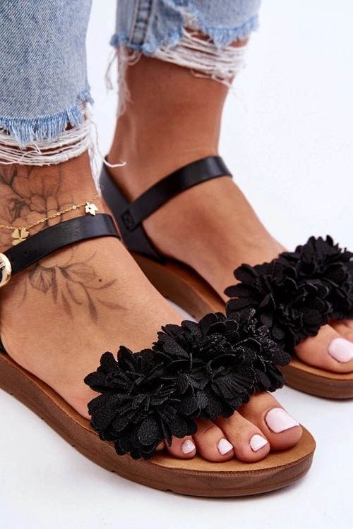 Damskie Sandały Z Materiałowymi Kwiatami Czarne Fiori