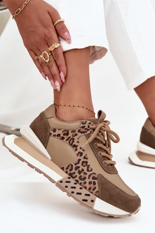 Skórzane Sneakersy Damskie Na Platformie Panterka Artiker 55C0089 Brązowe