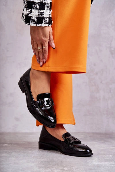 Modne Lakierowane Półbuty Loafery Czarne Trine