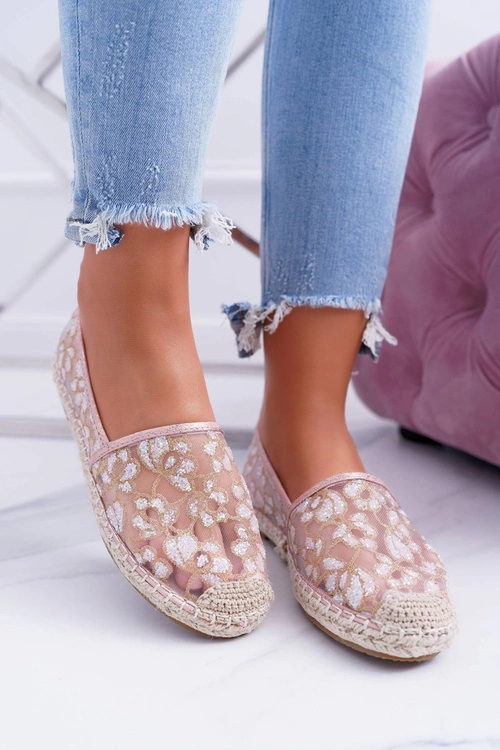 Vices | Pudrowe Mokasyny Baleriny W Kwiaty Siatka Rede