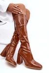 Lakierowane Kozaki Na Słupku Przed Kolano Brązowe Mlokva
