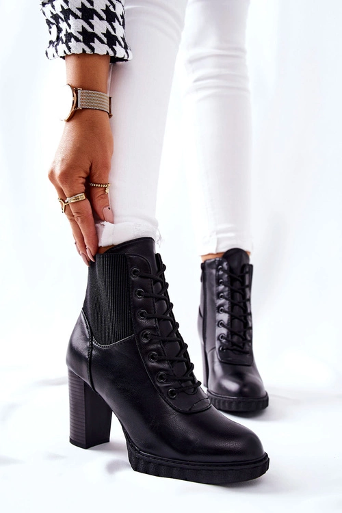 Skórzane Botki Na Słupku Wysokie Czarne Joyte