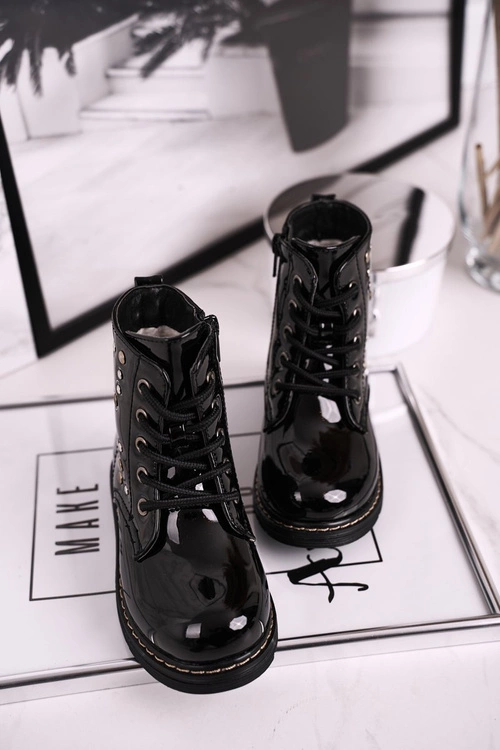 Dziecięce Ocieplane Botki z Dżetami Lakierowane Czarne Fame