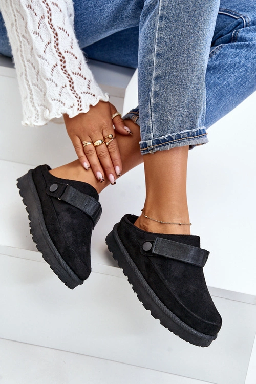 Damskie Kapcie Ocieplane Futerkiem Na Platformie Czarne Azida