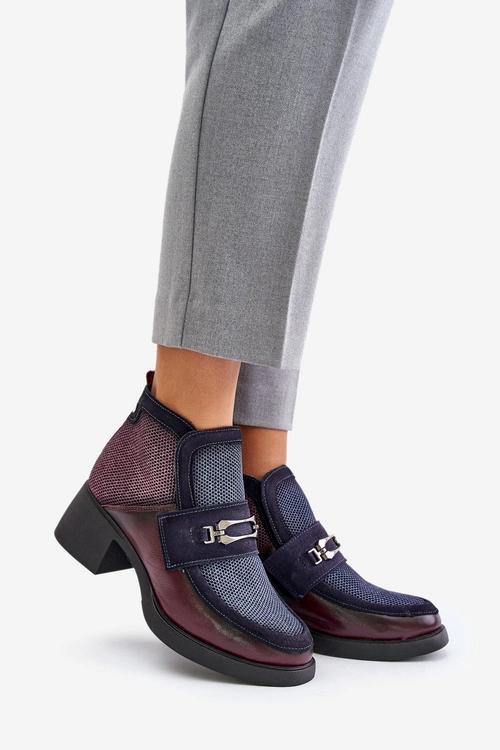 Skórzane Botki Damskie Na Masywnym Obcasie Z Ozdobą Maciejka 06747-23 Bordowo-Granatowe