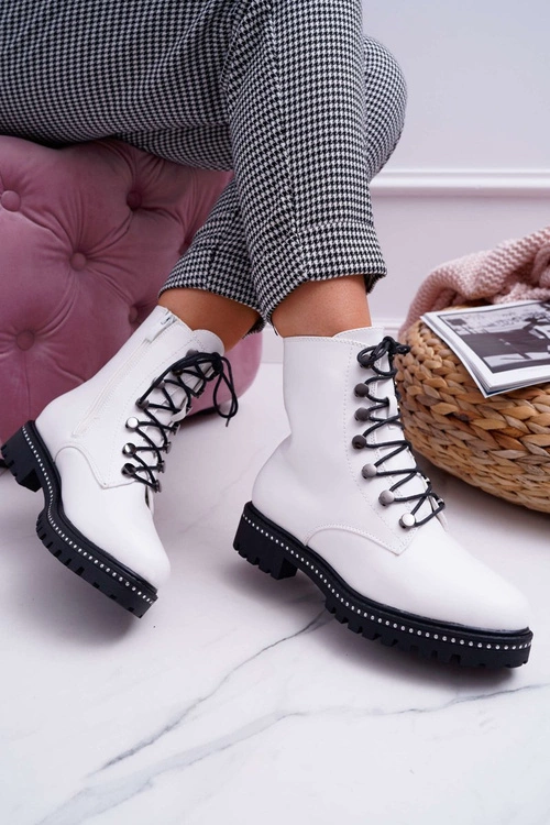 Botki Damskie Płaski Obcas Wysokie Glany Białe Buena