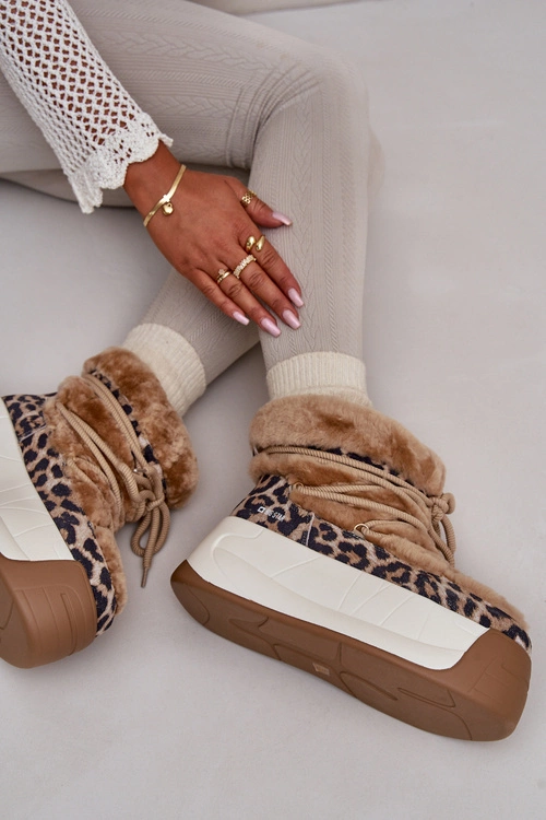 Skórzane Śniegowce Damskie Na Grubej Podeszwie Z Futerkiem Panterka Big Star OO274A208 Brązowe