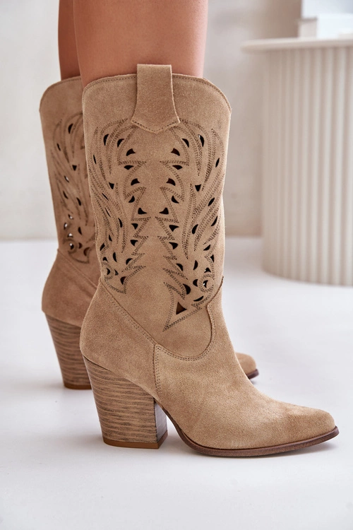 Ażurowe Kozaki Do Połowy Łydki Na Słupku Zamszowe Lewski 3609 Beżowe