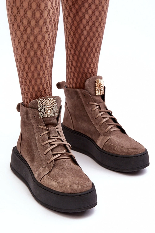 Sznurowane Botki Damskie Z Ozdobą Skórzane Ciemnobeżowe Nicole 2833