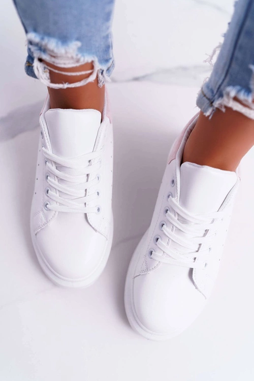 Sportowe Damskie Buty Gruba Podeszwa Białe Różowe Skirt