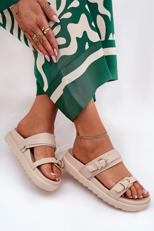 Klapki Damskie Na Platformie Ze Złotymi Klamrami Beżowe Wernone