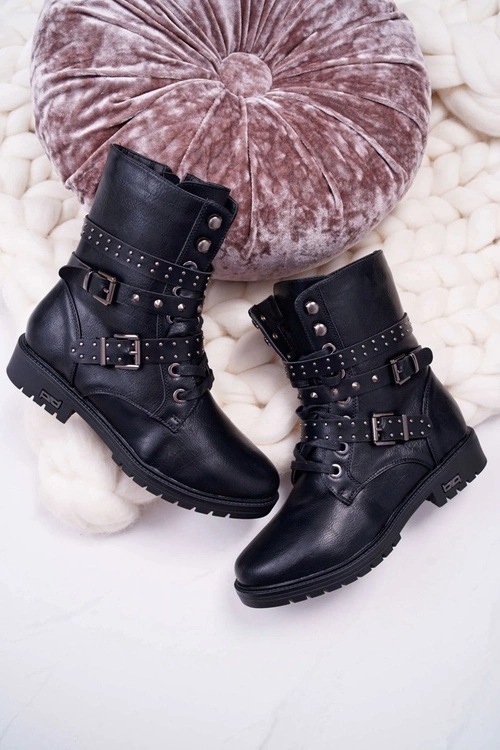 Botki Damskie Płaski Obcas Wysokie Czarne Emenbar