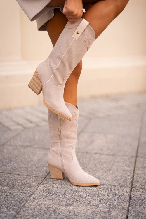 Ocieplane Kozaki Kowbojki Na Słupku Eko Zamszowe Beżowe Hanivin