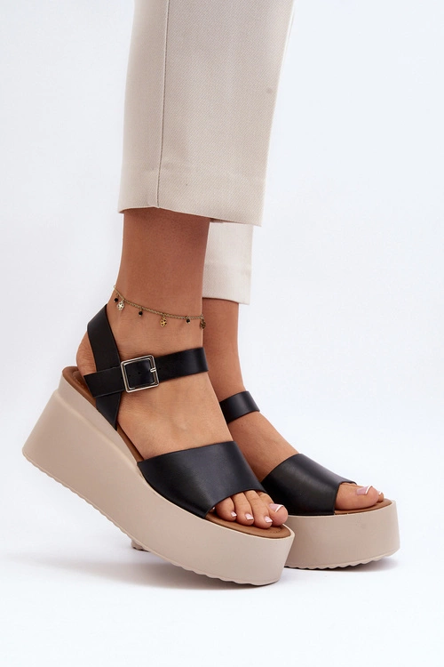 Damskie Sandały Na Koturnie Czarne Geferia