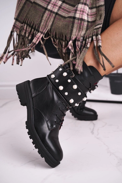 Damskie Ocieplane Botki z Perełkami Czarne Mishigan