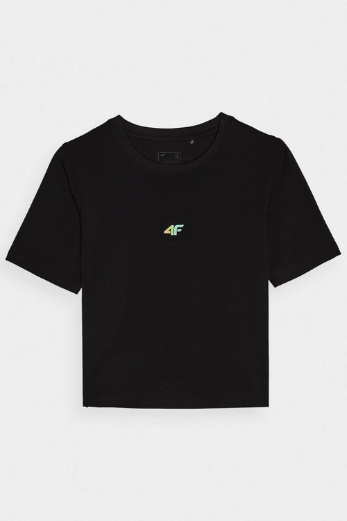 Damski Bawełniany T-shirt Slim Cropped 4F 4FWAW24TTSHF1701-20S Czarna