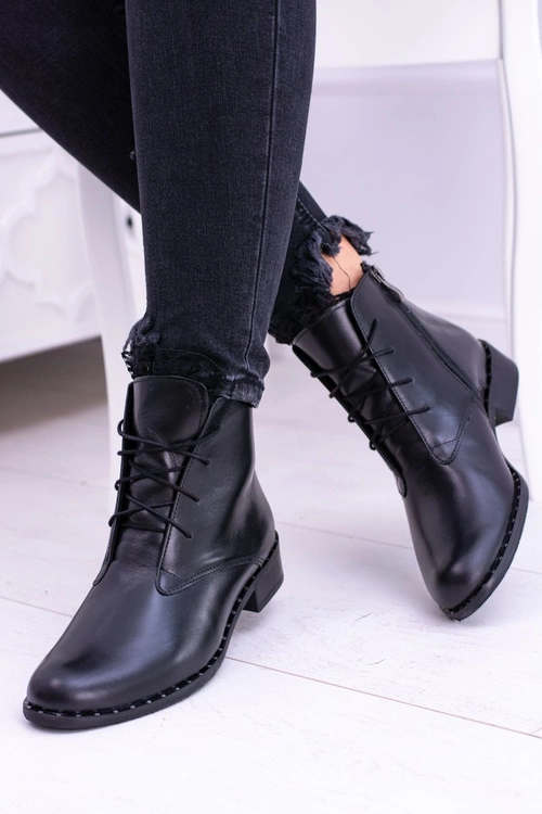 Ocieplane Skórzane Czarne Damskie Botki Z Koronką Millano