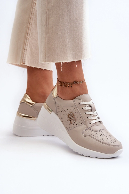 Damskie Skórzane Sneakersy Na Koturnie Beżowe S.Barski LR810