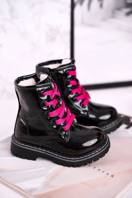 Dziecięce Botki Ocieplone Futerkiem Lakierowane Czarne Pinkie