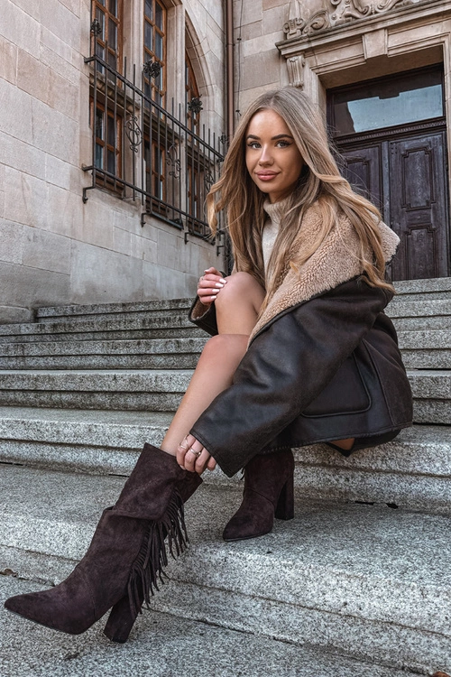 Botki Damskie Na Słupku Z Frędzlami I Marszczeniem Ocieplane Czekoladowe Darlina