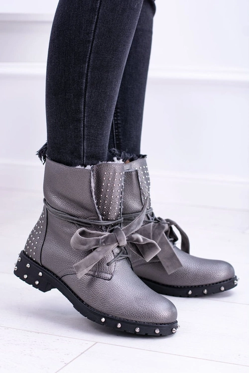 Damskie Botki Ocieplane Z Kolcami i Dżetami Srebrne Neso