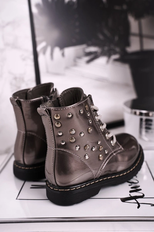 Dziecięce Ocieplane Botki z Dżetami Lakierowane Szare Fame