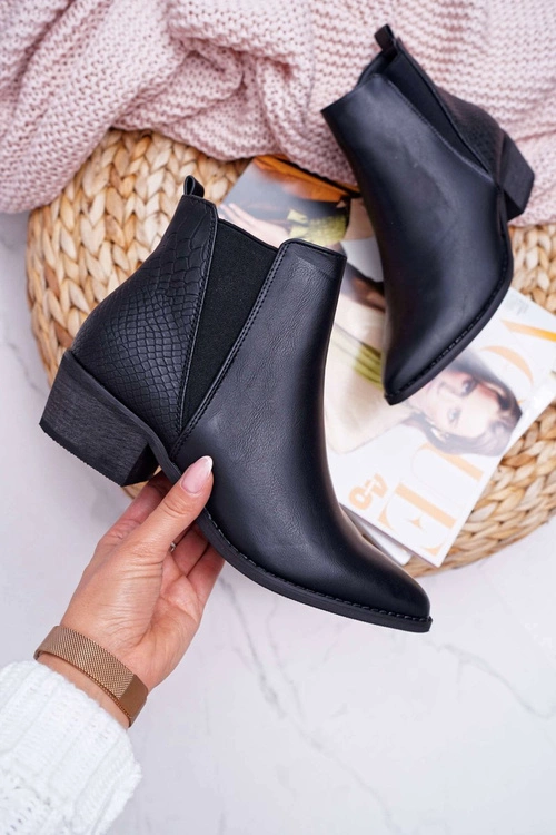 Botki Damskie Płaski Obcas W Szpic Suwak Czarne Derme