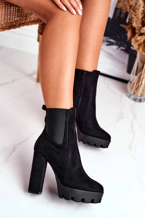 Botki Damskie Na Słupku Eko-Zamsz Czarne Juliet