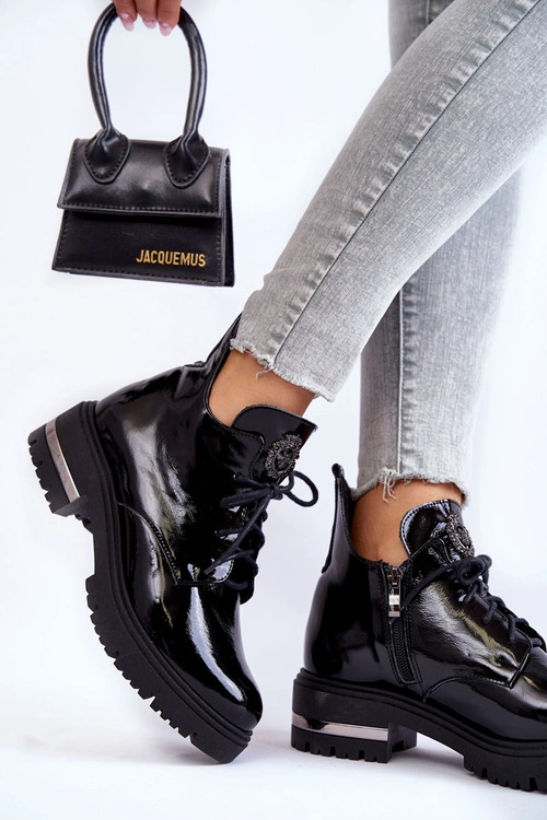 Zazoo 60309 Damskie Lakierowane Botki Na Płaskim Obcasie Czarne