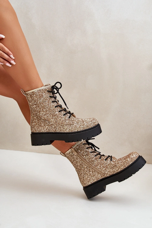 Ocieplane Botki Workery Damskie Ozdobione Cekinami Złote Liatheine