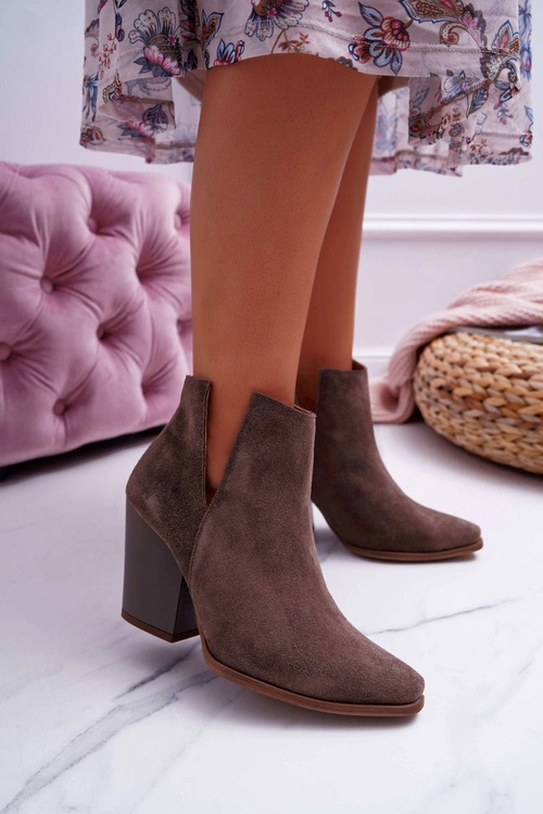 Botki Damskie Na Obcasie Wiosenne Skóra Zamsz Ciemne Cappuccino Nicole 2430