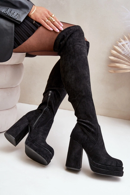 Kozaki Z Cholewką Za Kolano Na Słupku I Platformie Czarne Nadelian