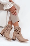 Skórzane Ażurowe Botki Damskie Na Słupku Zazoo 3647 Jasnobeżowe