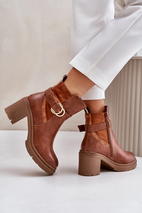 Botki Damskie Na Obcasie Słupku Ocieplane Na Zamek Camel Inabelle