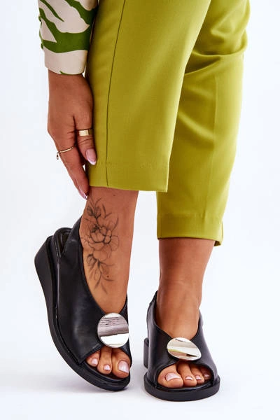 Damskie Skórzane Sandały Na Koturnie Czarne Justice