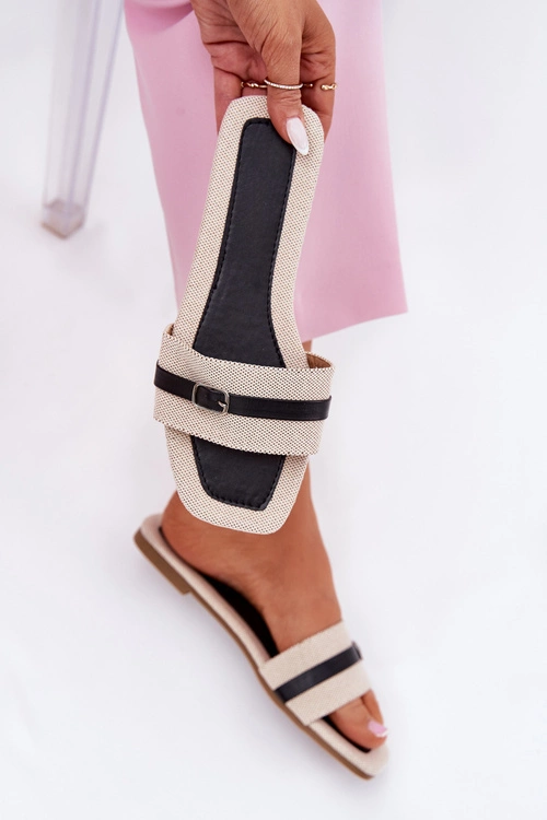 Płaskie Klapki Damskie Z Paskiem I Sprzączką Beżowo-Czarne Zilina