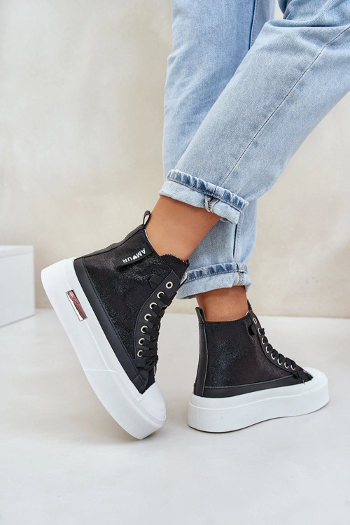 Damskie Wysokie Trampki Na Platformie Czarne Averira