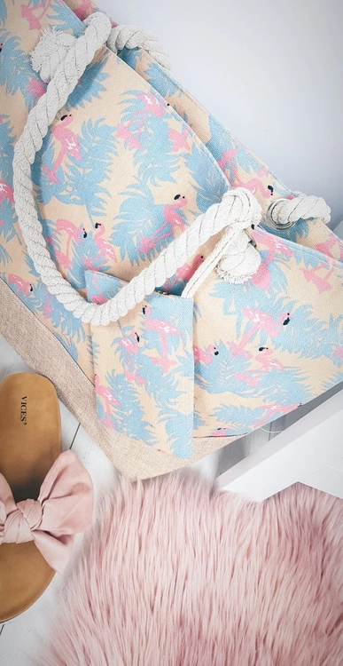 Plażowa Duża Beżowa Torebka Torba Damska Flamingi